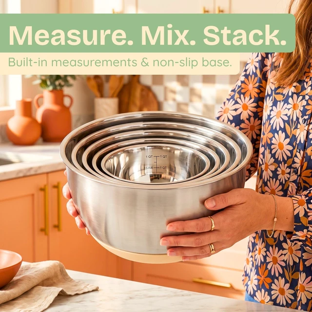 Alt view image 5 of 6 - Non-Toxic Stainless Steel Mixing Bowls, Glass Lids, Plastic Free, 5-Pcs | LFGB platinum silicone seal. Keeps food fresh longer. Airtight. Non-slip silicone base. Dishwasher safe. Measurement marks.
