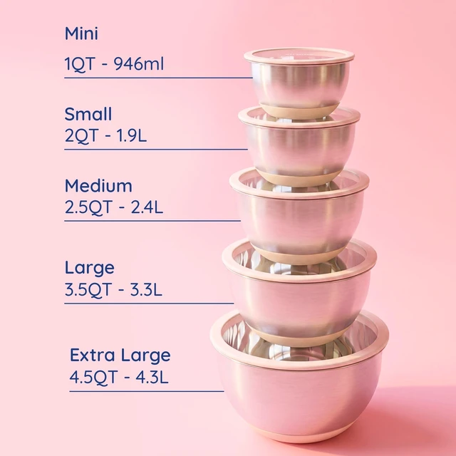 Alt view image 6 of 6 - Non-Toxic Stainless Steel Mixing Bowls, Glass Lids, Plastic Free, 5-Pcs | LFGB platinum silicone seal. Keeps food fresh longer. Airtight. Non-slip silicone base. Dishwasher safe. Measurement marks.