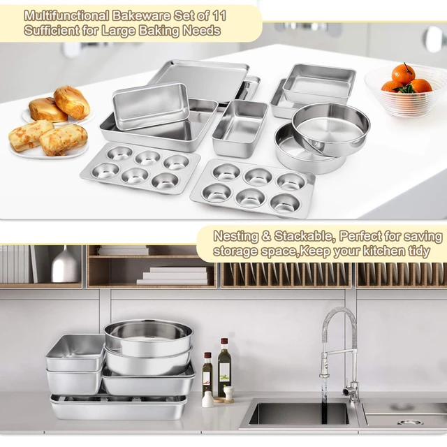 Alt view image 3 of 7 - Stainless Steel Bakeware Set of 11 | Toaster Oven Baking Pan Set, Lasagna Pan, Square & Round Cake Pan, Loaf Pan & Muffin Pan, Healthy & Sturdy, Dishwasher Safe