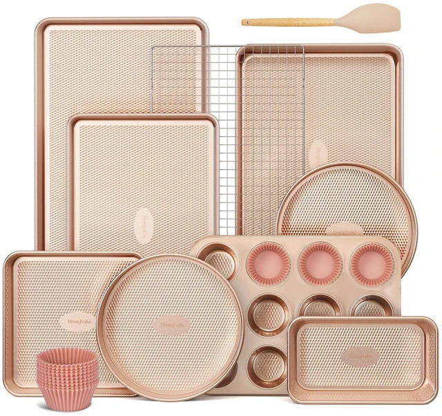 Main image of 22-Piece Baking Pans Set Nonstick, Stackable Non Toxic Bakeware Sets with Diamond Texture, Oven Pan Set for Cooking, Includes Cookie Sheet with Rack, Cake Pan, Roasting Pan, Muffin Tin, Gold