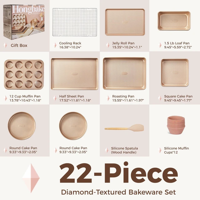 Alt view image 3 of 6 - 22-Piece Baking Pans Set Nonstick, Stackable Non Toxic Bakeware Sets with Diamond Texture, Oven Pan Set for Cooking, Includes Cookie Sheet with Rack, Cake Pan, Roasting Pan, Muffin Tin, Gold