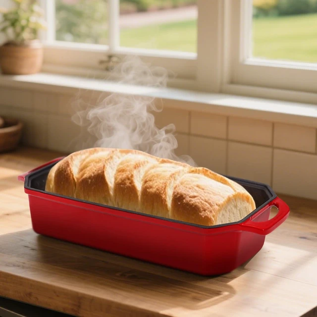 Alt view image 6 of 6 - Bread Pan Cast Iron Loaf Pan with Lid Bread Loaf Pan 13x5 Inch Enameled Cast Iron Sourdough Bread Pan,Red
