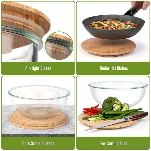 Alt view image 3 of 6 - Stackable Glass Mixing Bowls with Bamboo Lids Set of 5 | Microwave & Oven-ready. Durable Heat Resistant Inert Borosilicate Glass. For Foodprep, Storage, Mixing & Cooking