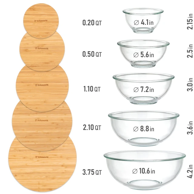 Alt view image 2 of 6 - Stackable Glass Mixing Bowls with Bamboo Lids Set of 5 | Microwave & Oven-ready. Durable Heat Resistant Inert Borosilicate Glass. For Foodprep, Storage, Mixing & Cooking
