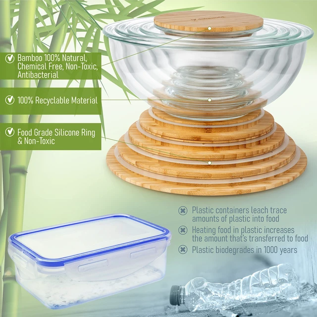Alt view image 5 of 6 - Stackable Glass Mixing Bowls with Bamboo Lids Set of 5 | Microwave & Oven-ready. Durable Heat Resistant Inert Borosilicate Glass. For Foodprep, Storage, Mixing & Cooking