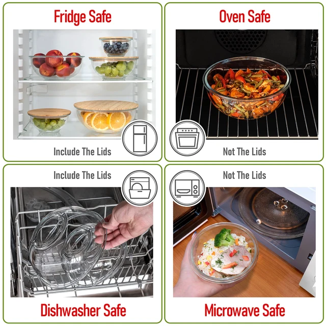 Alt view image 6 of 6 - Stackable Glass Mixing Bowls with Bamboo Lids Set of 5 | Microwave & Oven-ready. Durable Heat Resistant Inert Borosilicate Glass. For Foodprep, Storage, Mixing & Cooking