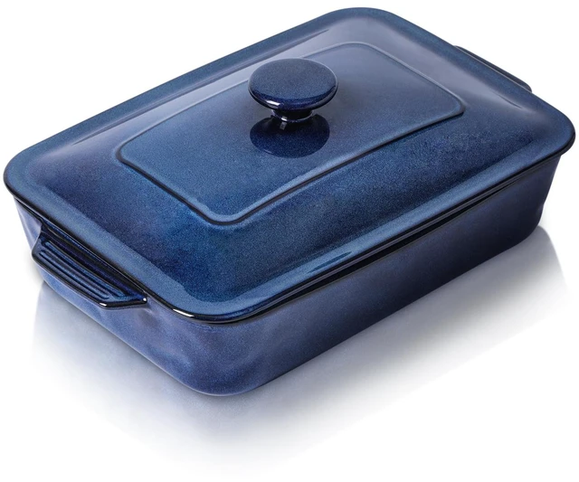 Main image of Ceramic Casserole Dish with Lid, 4.2 Quart Deep Baking Pan with Handles, Rectangular Lasagna Pan, Oven, Microwave & Dishwasher Safe, Starry Blue