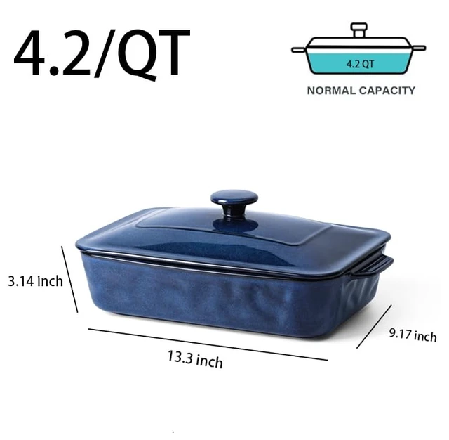 Alt view image 3 of 7 - Ceramic Casserole Dish with Lid, 4.2 Quart Deep Baking Pan with Handles, Rectangular Lasagna Pan, Oven, Microwave & Dishwasher Safe, Starry Blue