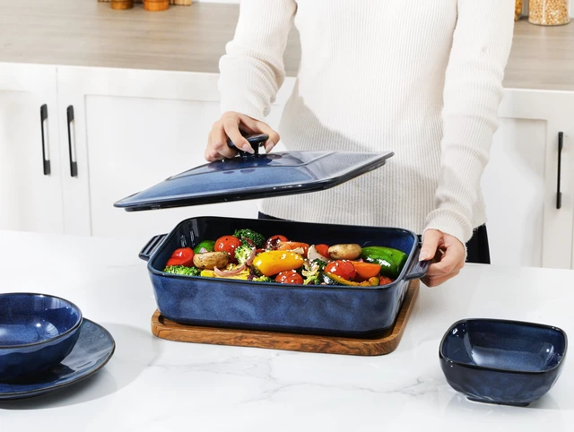 Alt view image 2 of 7 - Ceramic Casserole Dish with Lid, 4.2 Quart Deep Baking Pan with Handles, Rectangular Lasagna Pan, Oven, Microwave & Dishwasher Safe, Starry Blue