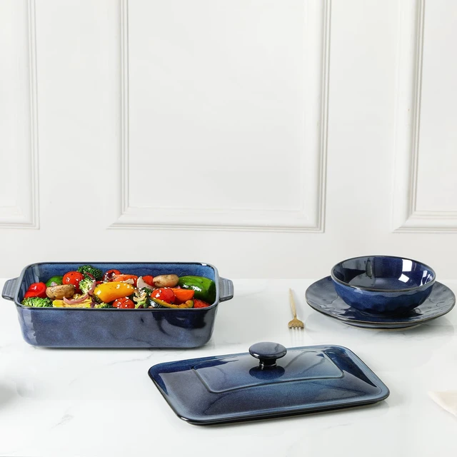 Alt view image 4 of 7 - Ceramic Casserole Dish with Lid, 4.2 Quart Deep Baking Pan with Handles, Rectangular Lasagna Pan, Oven, Microwave & Dishwasher Safe, Starry Blue