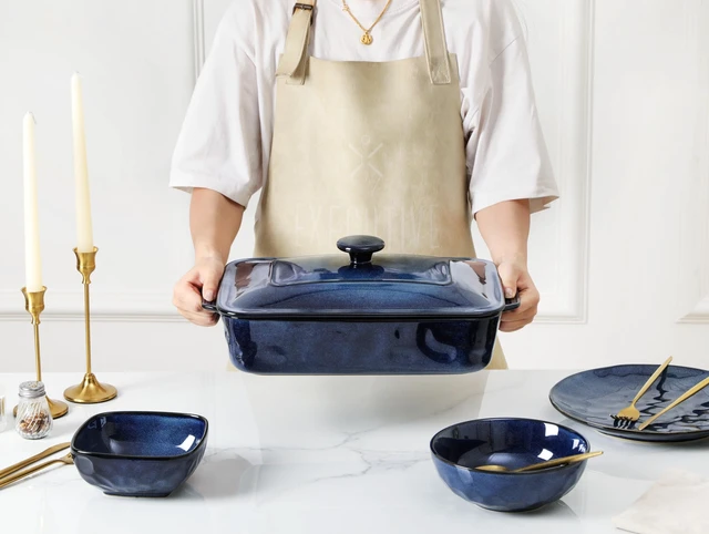 Alt view image 6 of 7 - Ceramic Casserole Dish with Lid, 4.2 Quart Deep Baking Pan with Handles, Rectangular Lasagna Pan, Oven, Microwave & Dishwasher Safe, Starry Blue
