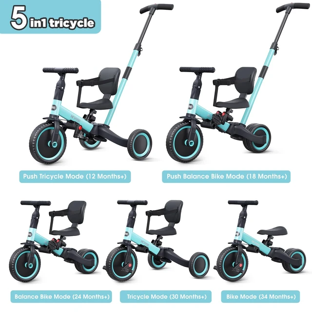 Alt view image 2 of 7 - TR007 5-in-1 Tricycle for Toddlers 1-3, Toddler Bike, Birthday Gift | Toddler Trike with Push Handle Lets Parents Steer and Converts to Balance Bike, Fun Outdoor Toy for Boys and Girls, Blue