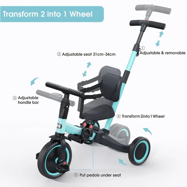 Alt view image 4 of 7 - TR007 5-in-1 Tricycle for Toddlers 1-3, Toddler Bike, Birthday Gift | Toddler Trike with Push Handle Lets Parents Steer and Converts to Balance Bike, Fun Outdoor Toy for Boys and Girls, Blue