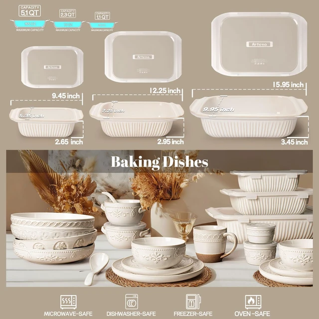 Alt view image 7 of 7 - Casserole Dishes For Oven, Ceramic Baking Dish, Large Lasagna Pan With Handles, Baking Pan Casserole Dish, Rectangular Bakeware Deep, Set Of 3 (5.1Qt/2.3Qt/1.1Qt) (White, With Lids)