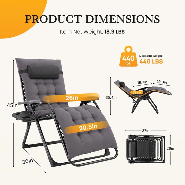 Alt view image 2 of 7 - Zero Gravity Chairs Set of 2 with Cup Holder Trays | Portable Patio Chairs, Lounge Chair for Outdoor, Indoor, Beach, Pool, Camping, Balcony, Porch, Dark Gray