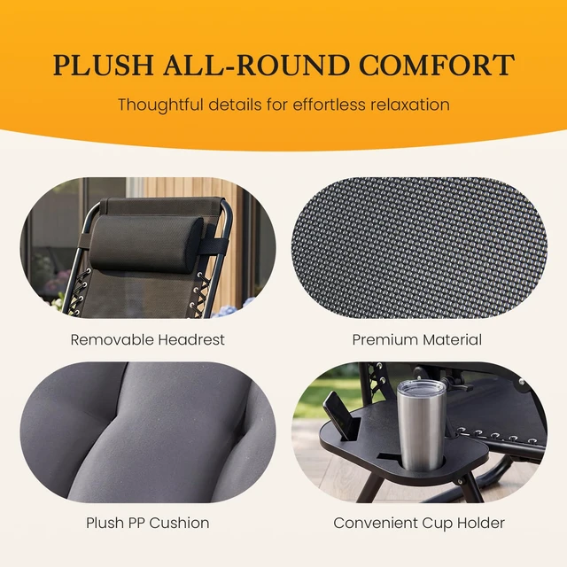 Alt view image 7 of 7 - Zero Gravity Chairs Set of 2 with Cup Holder Trays | Portable Patio Chairs, Lounge Chair for Outdoor, Indoor, Beach, Pool, Camping, Balcony, Porch, Dark Gray