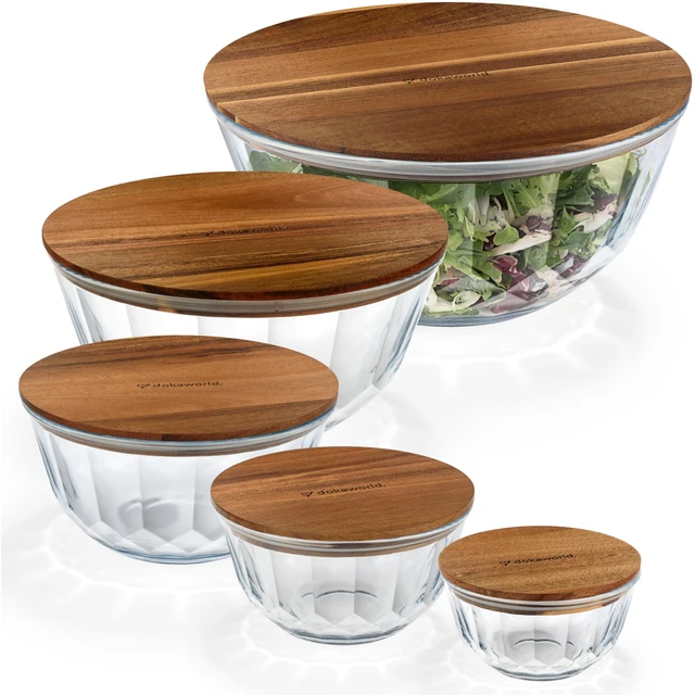 Alt view image 7 of 7 - Large Stackable Glass Mixing Bowls with Acacia Lids Set of 5 | Microwave & Oven-ready. Durable Heat Resistant Inert Borosilicate Glass. For Foodprep, Storage, Mixing & Cooking