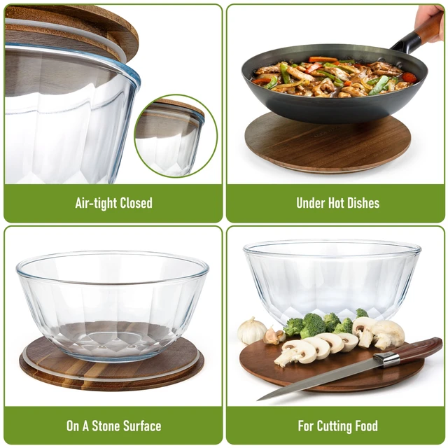 Alt view image 3 of 7 - Large Stackable Glass Mixing Bowls with Acacia Lids Set of 5 | Microwave & Oven-ready. Durable Heat Resistant Inert Borosilicate Glass. For Foodprep, Storage, Mixing & Cooking