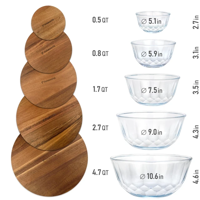 Alt view image 2 of 7 - Large Stackable Glass Mixing Bowls with Acacia Lids Set of 5 | Microwave & Oven-ready. Durable Heat Resistant Inert Borosilicate Glass. For Foodprep, Storage, Mixing & Cooking