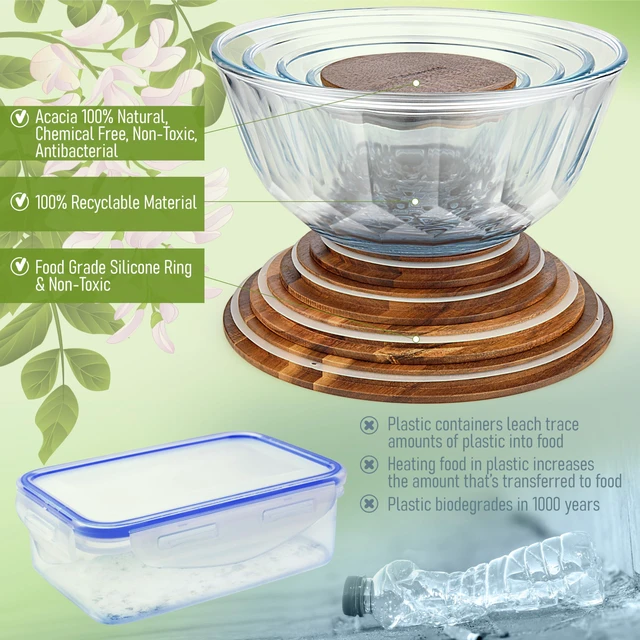 Alt view image 6 of 7 - Large Stackable Glass Mixing Bowls with Acacia Lids Set of 5 | Microwave & Oven-ready. Durable Heat Resistant Inert Borosilicate Glass. For Foodprep, Storage, Mixing & Cooking