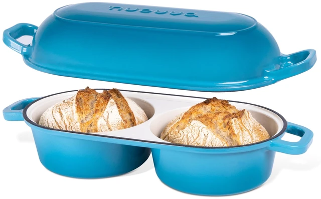 Main image of Dutch Oven For Sourdough Bread Baking Enamelled Cast Iron Bread Loaf Pot 500°F Oven Safe Non Stick Bread Pot Double Round Loaf Space, 16.5cm Diameter, Light Blue