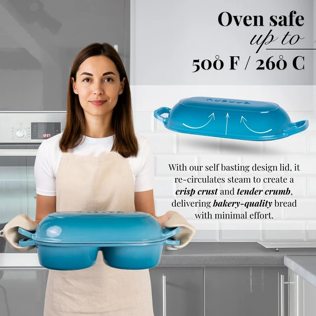 Alt view image 3 of 6 - Dutch Oven For Sourdough Bread Baking Enamelled Cast Iron Bread Loaf Pot 500°F Oven Safe Non Stick Bread Pot Double Round Loaf Space, 16.5cm Diameter, Light Blue