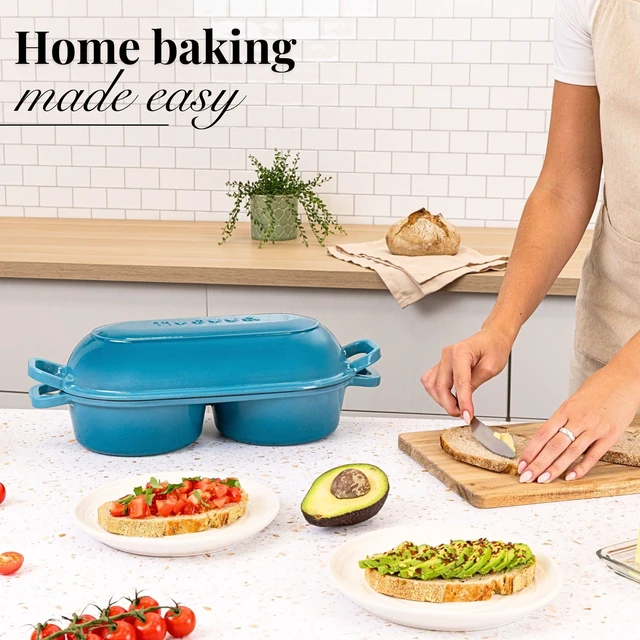 Alt view image 6 of 6 - Dutch Oven For Sourdough Bread Baking Enamelled Cast Iron Bread Loaf Pot 500°F Oven Safe Non Stick Bread Pot Double Round Loaf Space, 16.5cm Diameter, Light Blue