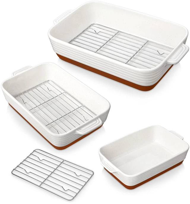 Main image of Casserole Dishes for Oven with Roasting Racks, Ceramic Baking Dishes Set of 3, Baking Pan Casserole Dish Set, Rectangular Lasagna Pan Deep with Handles for Baking, Khaki White (14.5''/13''/10.5'')