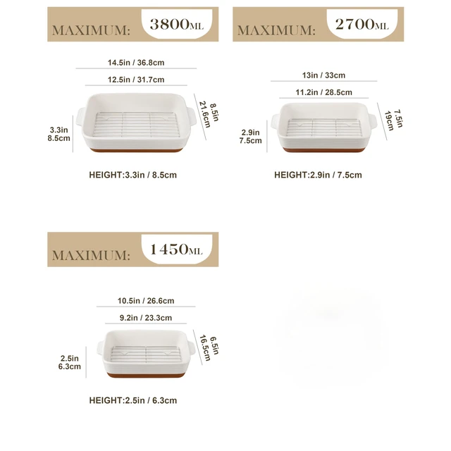 Alt view image 2 of 7 - Casserole Dishes for Oven with Roasting Racks, Ceramic Baking Dishes Set of 3, Baking Pan Casserole Dish Set, Rectangular Lasagna Pan Deep with Handles for Baking, Khaki White (14.5''/13''/10.5'')
