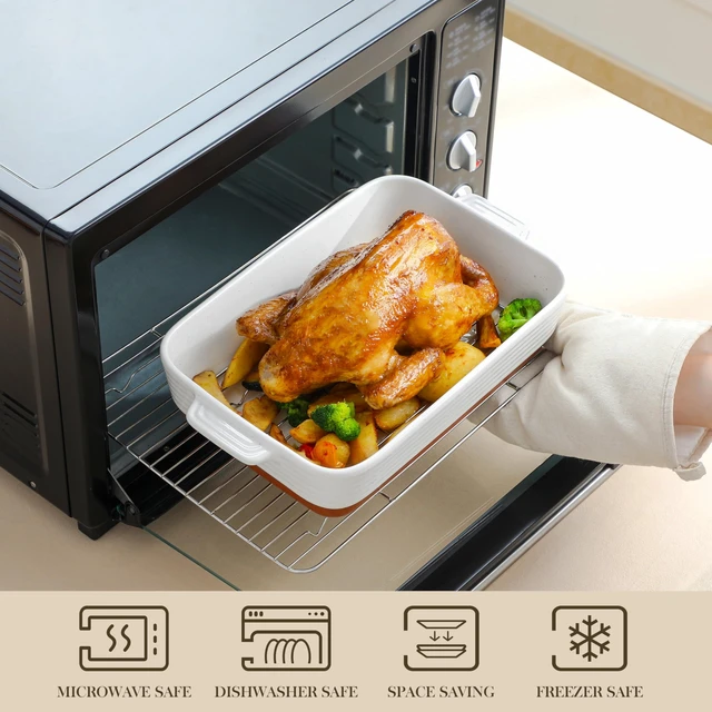 Alt view image 3 of 7 - Casserole Dishes for Oven with Roasting Racks, Ceramic Baking Dishes Set of 3, Baking Pan Casserole Dish Set, Rectangular Lasagna Pan Deep with Handles for Baking, Khaki White (14.5''/13''/10.5'')