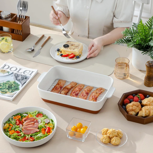 Alt view image 4 of 7 - Casserole Dishes for Oven with Roasting Racks, Ceramic Baking Dishes Set of 3, Baking Pan Casserole Dish Set, Rectangular Lasagna Pan Deep with Handles for Baking, Khaki White (14.5''/13''/10.5'')