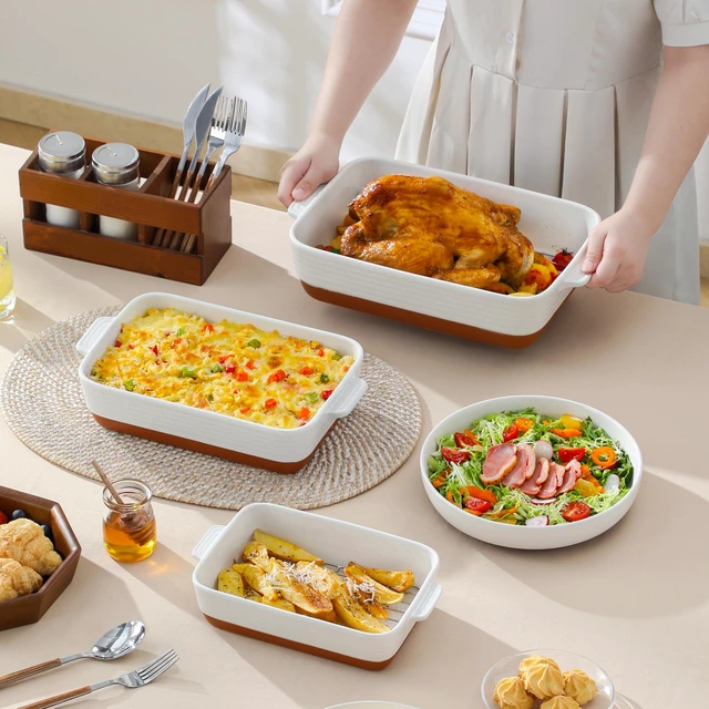 Alt view image 6 of 7 - Casserole Dishes for Oven with Roasting Racks, Ceramic Baking Dishes Set of 3, Baking Pan Casserole Dish Set, Rectangular Lasagna Pan Deep with Handles for Baking, Khaki White (14.5''/13''/10.5'')