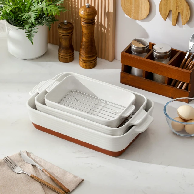 Alt view image 7 of 7 - Casserole Dishes for Oven with Roasting Racks, Ceramic Baking Dishes Set of 3, Baking Pan Casserole Dish Set, Rectangular Lasagna Pan Deep with Handles for Baking, Khaki White (14.5''/13''/10.5'')