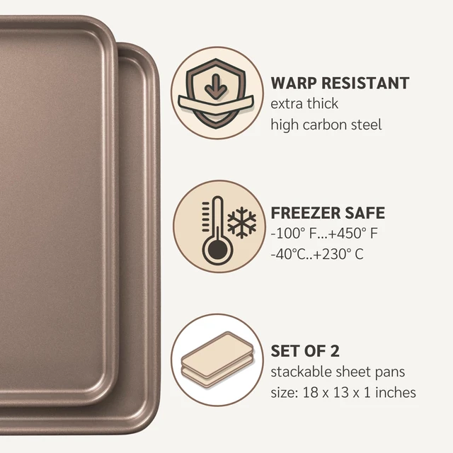 Alt view image 6 of 7 - 13 x 18 inch Nonstick Half Sheet Pan 2-Pack, PFOA & BPA Free | | Non-Toxic - High Carbon Steel - Gold - Cookie Baking Sheets for Oven