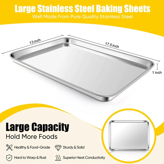 Alt view image 2 of 7 - 18x13 Inches Stainless Steel Half Baking Sheet Set of 6, Non Toxic | 1/2 Large Cookie Sheets for Baking, Metal Oven Pans, Big Bacon Trays, Nonstick, Rust Free, Dishwasher Safe, Heavy Duty