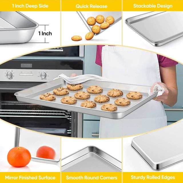 Alt view image 3 of 7 - 18x13 Inches Stainless Steel Half Baking Sheet Set of 6, Non Toxic | 1/2 Large Cookie Sheets for Baking, Metal Oven Pans, Big Bacon Trays, Nonstick, Rust Free, Dishwasher Safe, Heavy Duty