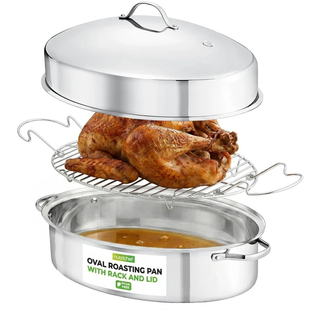 Main image of 20" Oval Roasting Pan with Rack and Lid - Premium Stainless Steel Roaster Dish w/ Wide Handles & Removable Rack, Multi-Use Cookware for Turkey, Chicken, Stews, & More - Dishwasher Safe