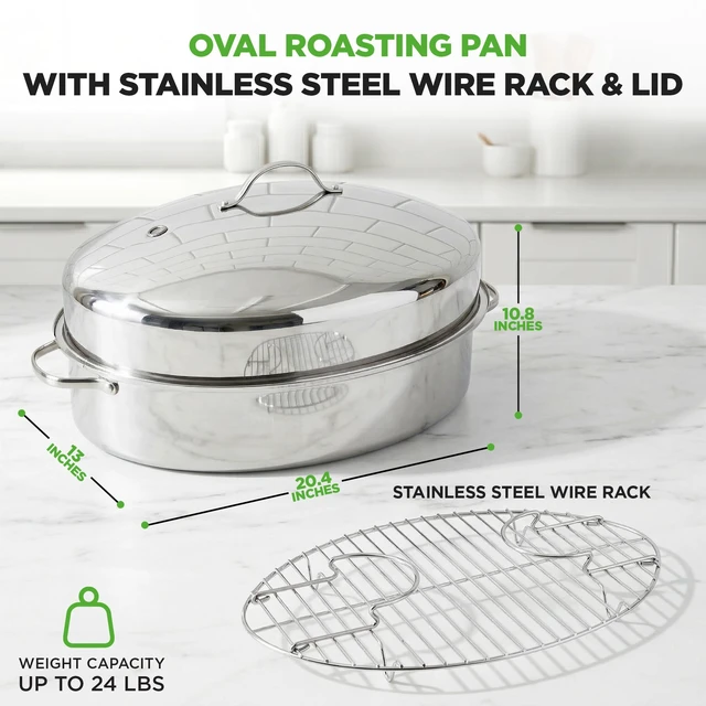 Alt view image 2 of 7 - 20" Oval Roasting Pan with Rack and Lid - Premium Stainless Steel Roaster Dish w/ Wide Handles & Removable Rack, Multi-Use Cookware for Turkey, Chicken, Stews, & More - Dishwasher Safe