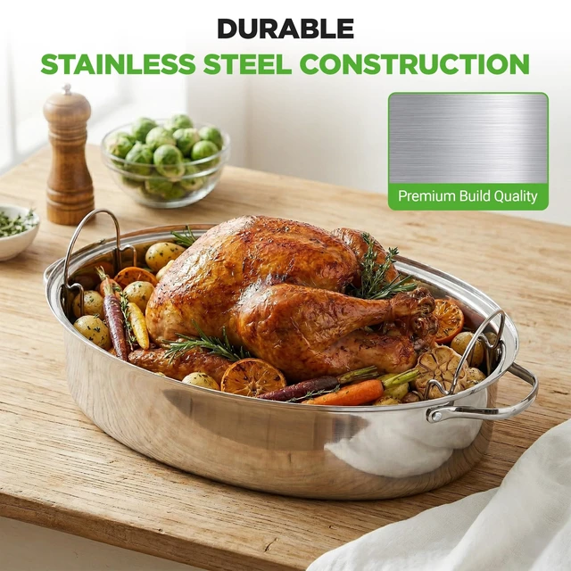 Alt view image 3 of 7 - 20" Oval Roasting Pan with Rack and Lid - Premium Stainless Steel Roaster Dish w/ Wide Handles & Removable Rack, Multi-Use Cookware for Turkey, Chicken, Stews, & More - Dishwasher Safe