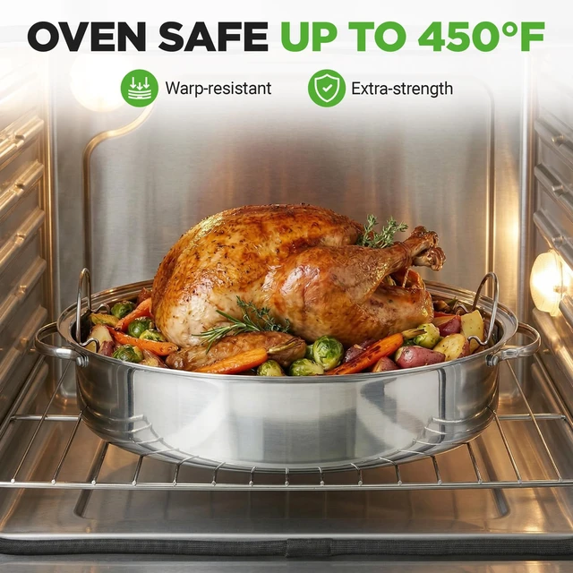 Alt view image 4 of 7 - 20" Oval Roasting Pan with Rack and Lid - Premium Stainless Steel Roaster Dish w/ Wide Handles & Removable Rack, Multi-Use Cookware for Turkey, Chicken, Stews, & More - Dishwasher Safe