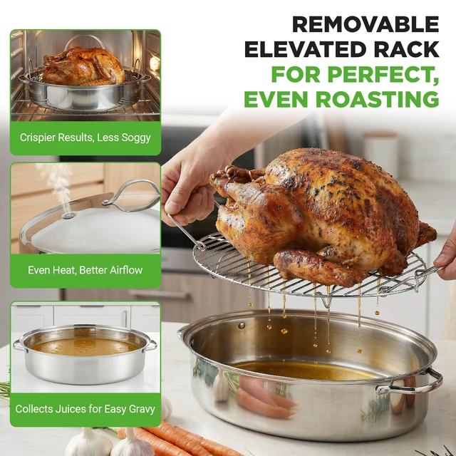 Alt view image 5 of 7 - 20" Oval Roasting Pan with Rack and Lid - Premium Stainless Steel Roaster Dish w/ Wide Handles & Removable Rack, Multi-Use Cookware for Turkey, Chicken, Stews, & More - Dishwasher Safe