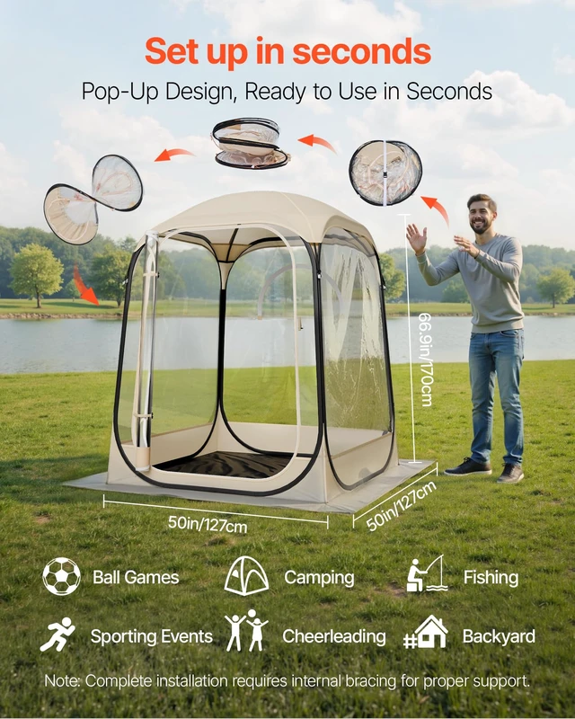 Alt view image 2 of 7 - Pop Up Sports Tent, 50x50x66.9 Instant Weather Proof Clear Tent for 2 Person, Portable Foldable Dome Shelter with Removable Floor Mat & Top Cover, for Watching Sports Events, Camping, Fishing