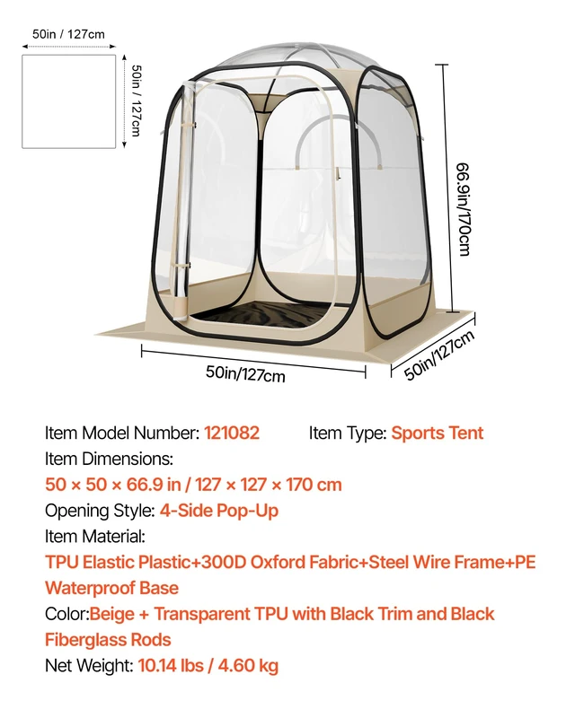 Alt view image 7 of 7 - Pop Up Sports Tent, 50x50x66.9 Instant Weather Proof Clear Tent for 2 Person, Portable Foldable Dome Shelter with Removable Floor Mat & Top Cover, for Watching Sports Events, Camping, Fishing