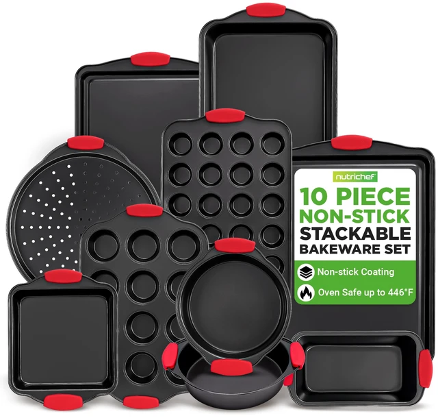 Main image of 10-Piece Nonstick Kitchen Oven Baking Pans - Premium & Stylish Non-Stick Carbon Steel - Commercial Grade Restaurant Quality Metal Bakeware with Silicone Handles - Easy to Clean, NCSBS10S