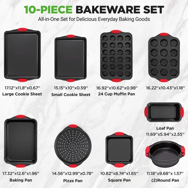Alt view image 2 of 6 - 10-Piece Nonstick Kitchen Oven Baking Pans - Premium & Stylish Non-Stick Carbon Steel - Commercial Grade Restaurant Quality Metal Bakeware with Silicone Handles - Easy to Clean, NCSBS10S