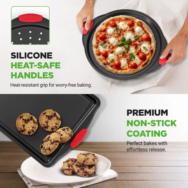 Alt view image 4 of 6 - 10-Piece Nonstick Kitchen Oven Baking Pans - Premium & Stylish Non-Stick Carbon Steel - Commercial Grade Restaurant Quality Metal Bakeware with Silicone Handles - Easy to Clean, NCSBS10S