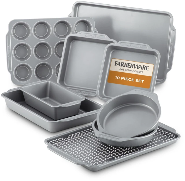 Main image of Nonstick Bakeware Set with Cooling Rack for Baking, 10-Piece | Easy release and cleanup, baking set with baking cooling rack for everyday baking, gray baking pans set non stick