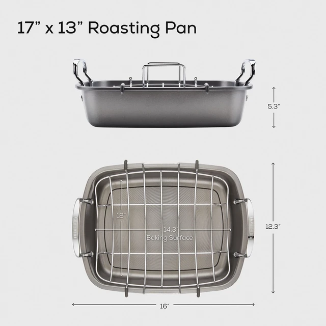 Alt view image 2 of 7 - Total Bakeware Nonstick Roaster, Roasting Pan with Rack, 17-Inch x 13-Inch, Gray