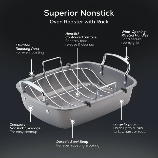 Alt view image 3 of 7 - Total Bakeware Nonstick Roaster, Roasting Pan with Rack, 17-Inch x 13-Inch, Gray
