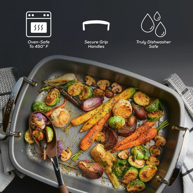 Alt view image 4 of 7 - Total Bakeware Nonstick Roaster, Roasting Pan with Rack, 17-Inch x 13-Inch, Gray